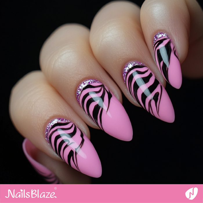 Pink Zebra Nails with Glitter Outline | Outline Nails - NB5394