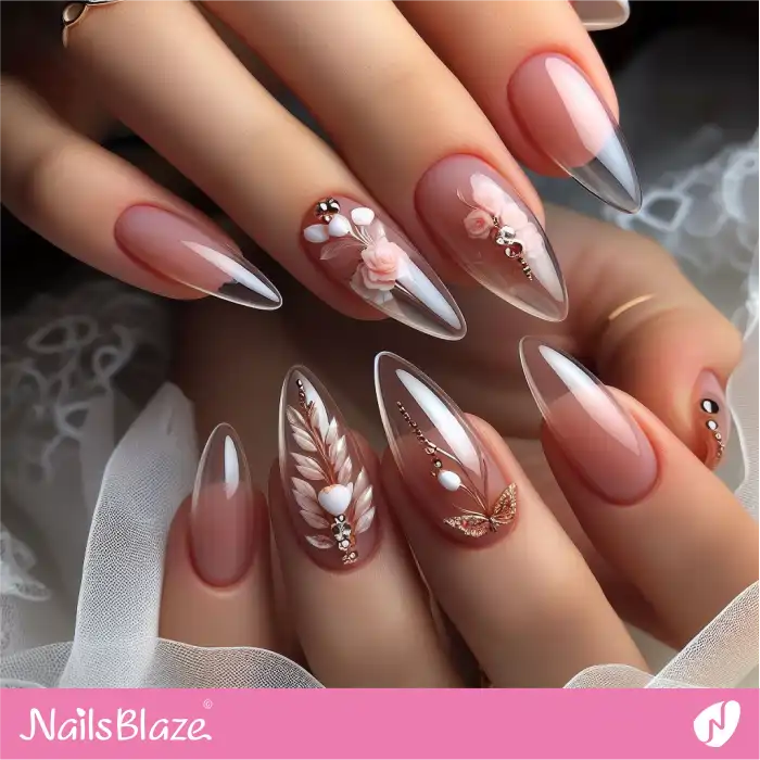 Almond Clear Nails with Flowers | Transparent Nails - NB5455