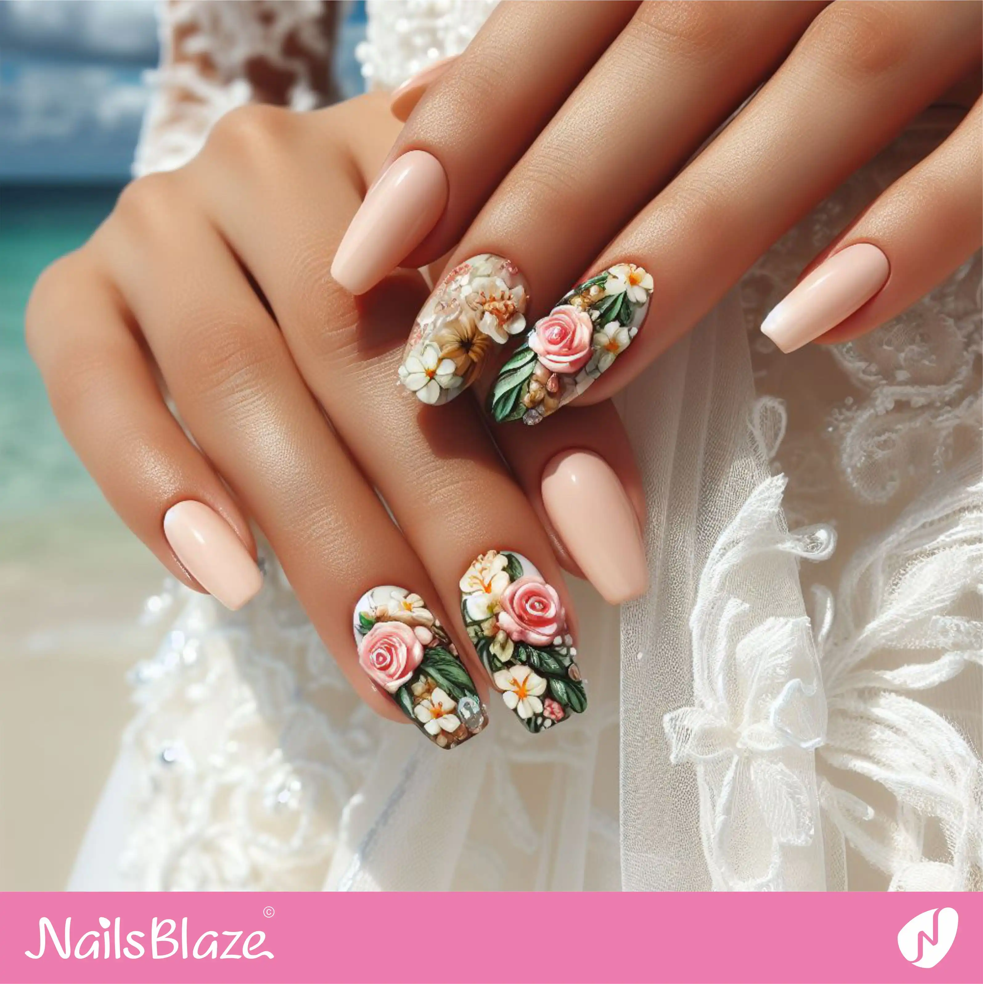 Beach Wedding Floral Graffiti Nail Design| Wedding-NB-D-52