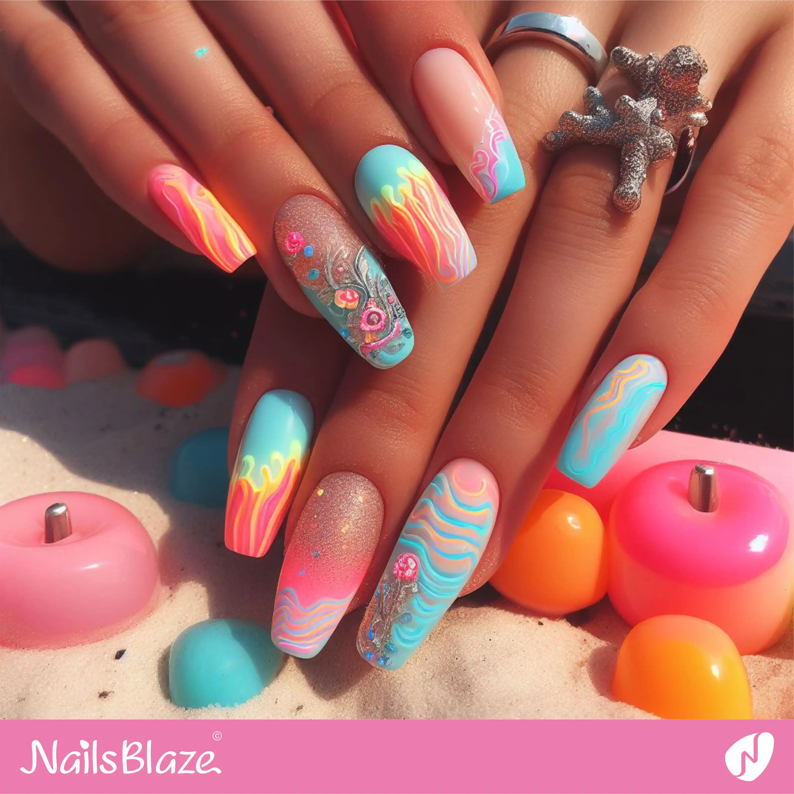 Beach Wedding Pastel Neon Nail Design| Wedding-NB-D-53