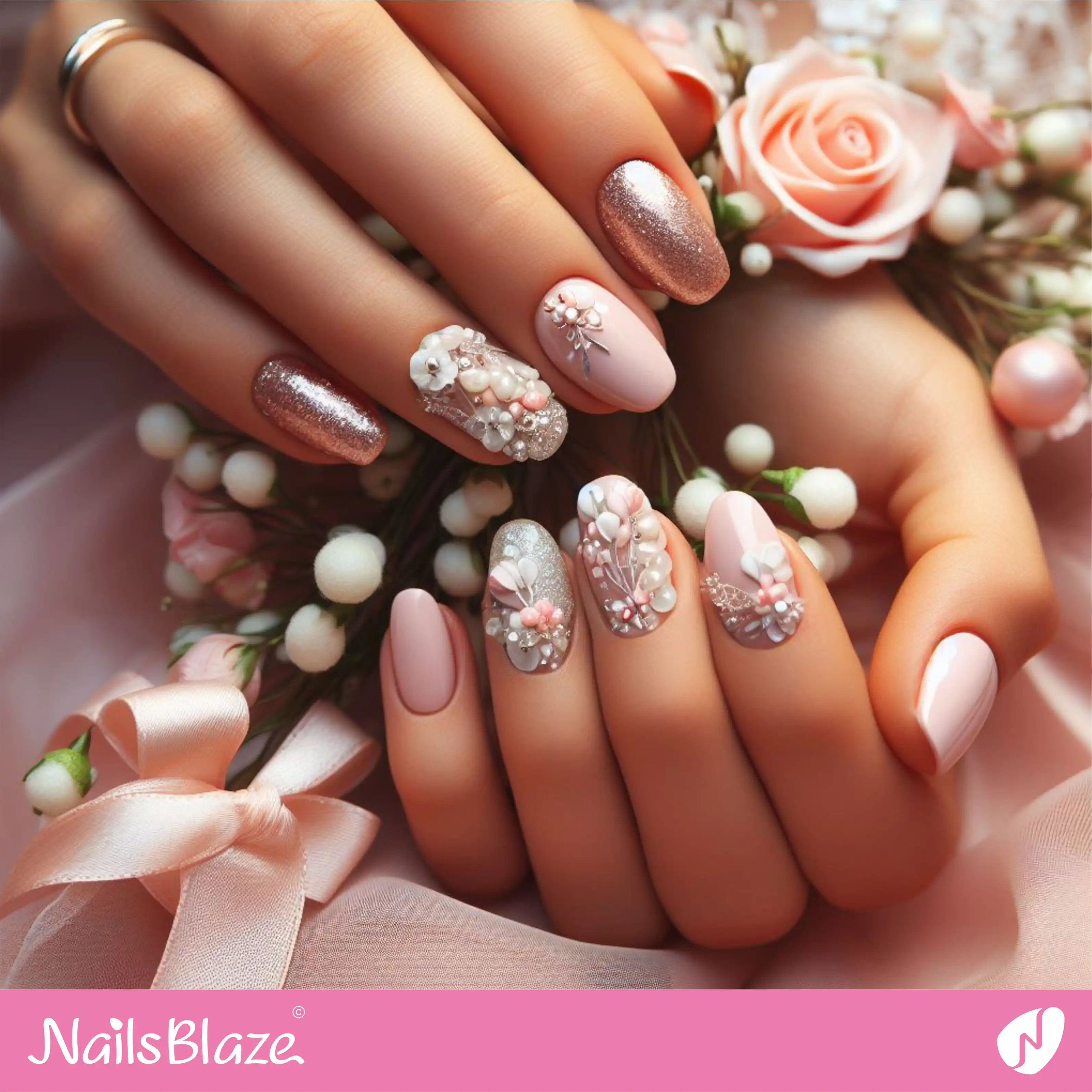 Bridal Shower Embellished Pearl Nail Design| Wedding-NB-D-61