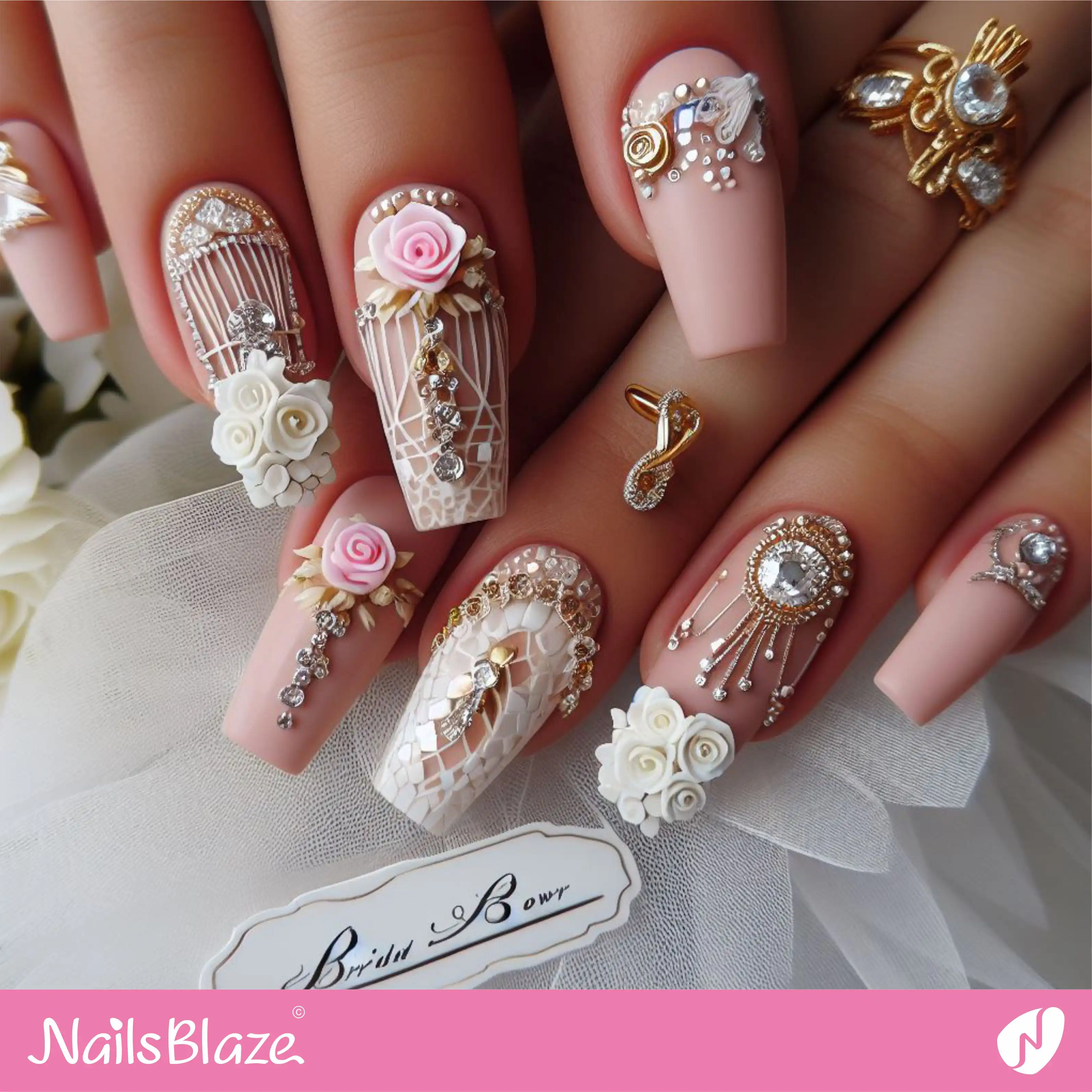 Bridal Shower 3D Embellished Nail Design| Wedding-NB-D-64