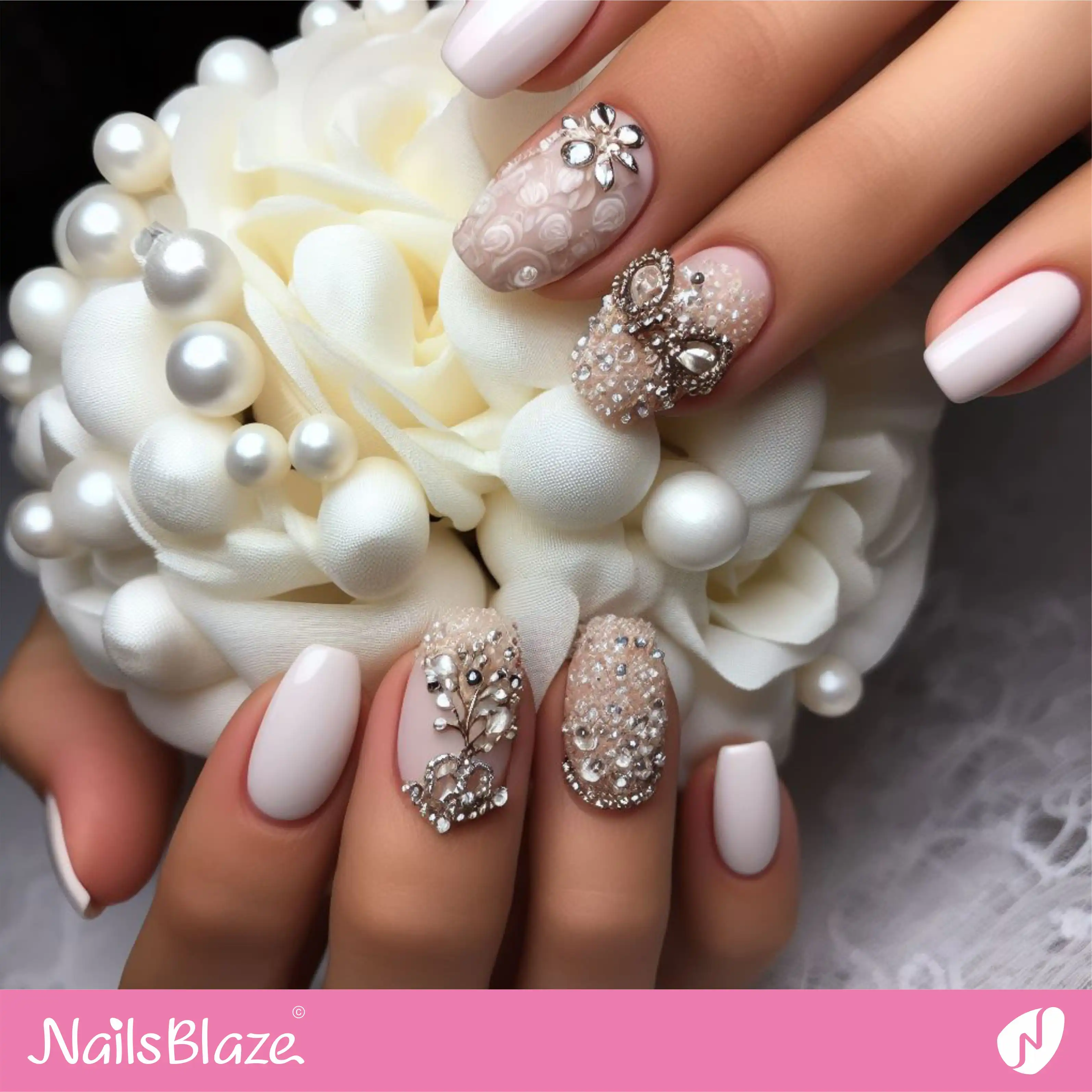 Bridal Shower Crystals and Studs Nail Design | Wedding-NB-D-74