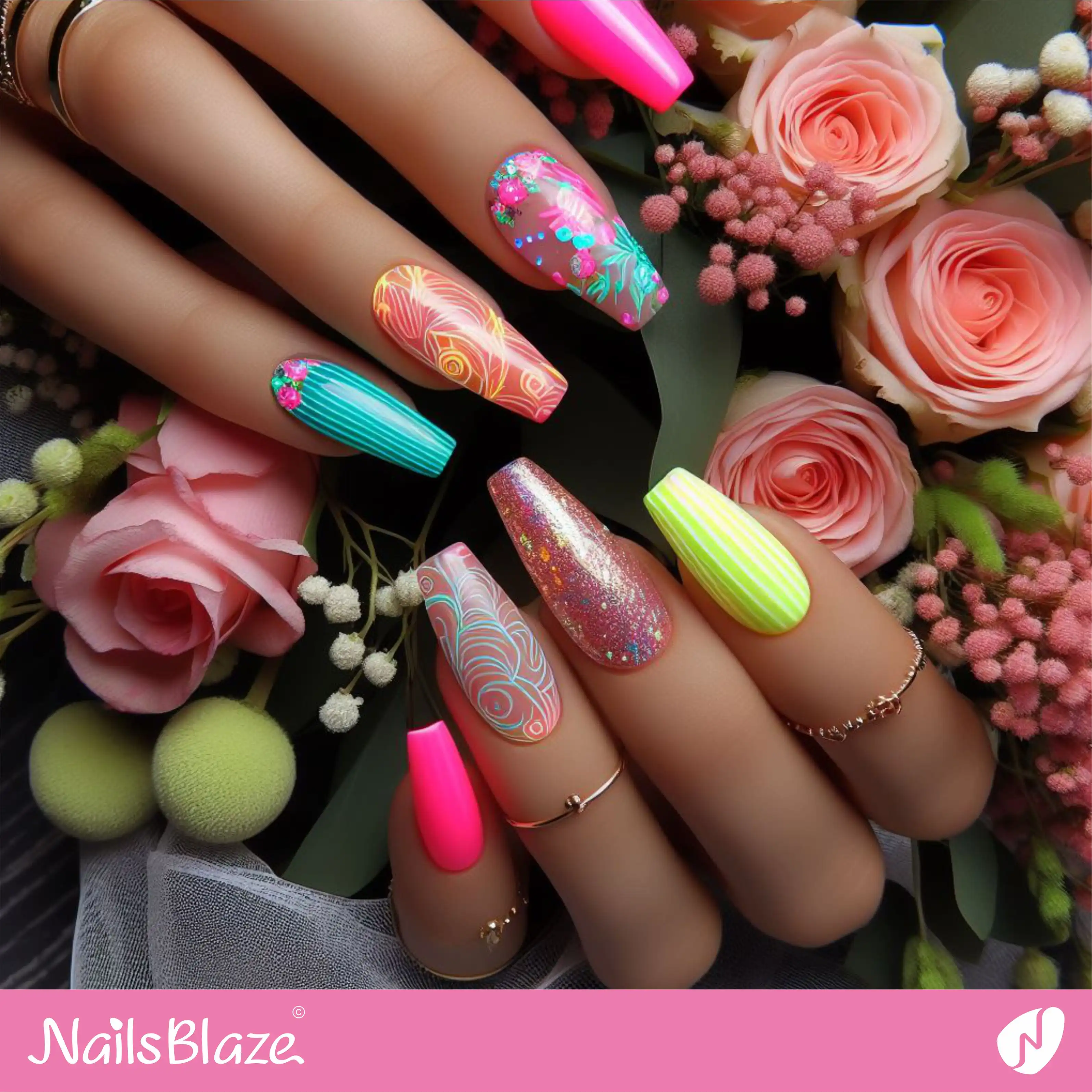 Bridal Shower Neon Art Nail Design | Wedding-NB-D-80