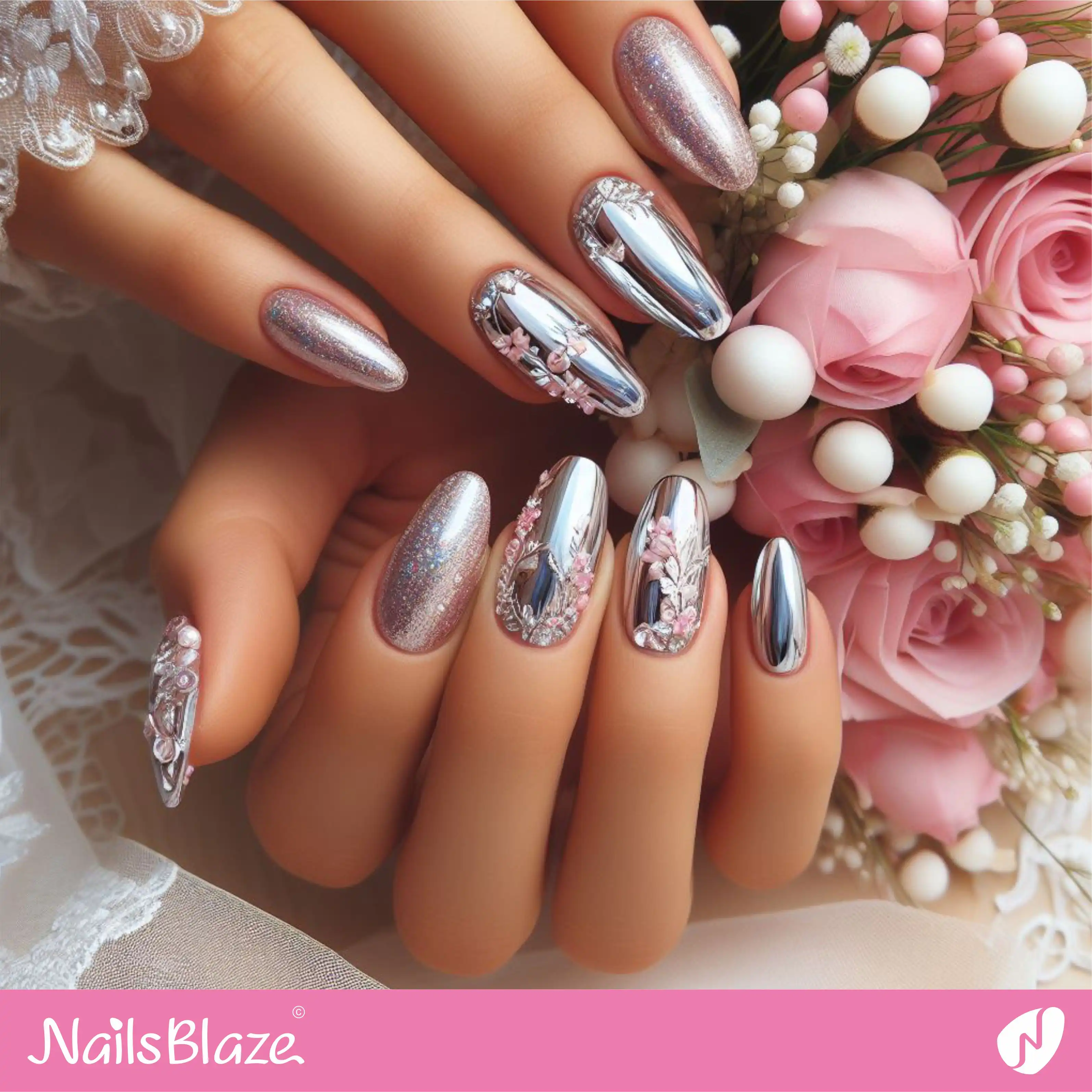 Bridal Shower Glossy Chrome Nail Design | Wedding-NB-D-84