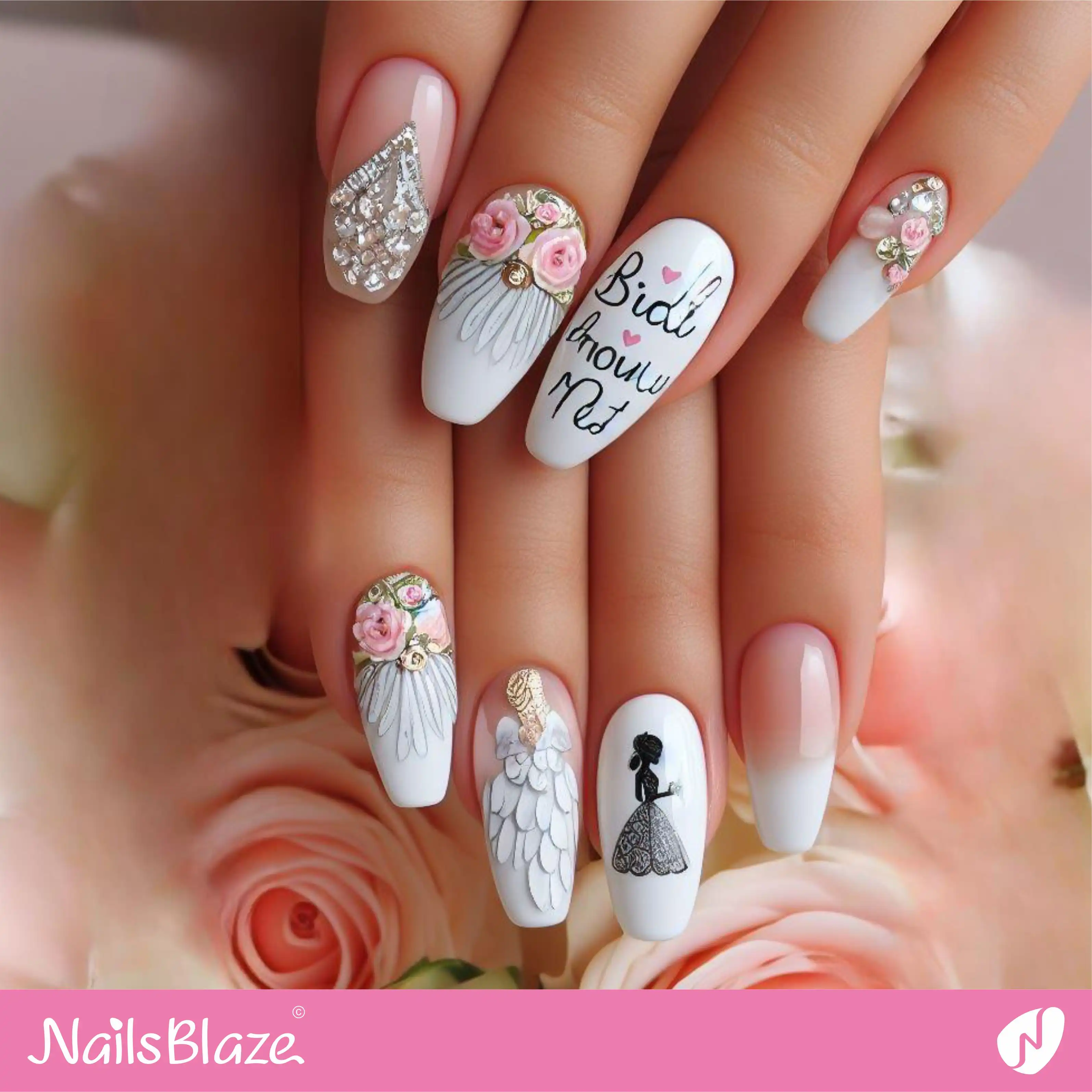 Bridal Shower Glossy Rhinestone Nail Design | Wedding-NB-D-85