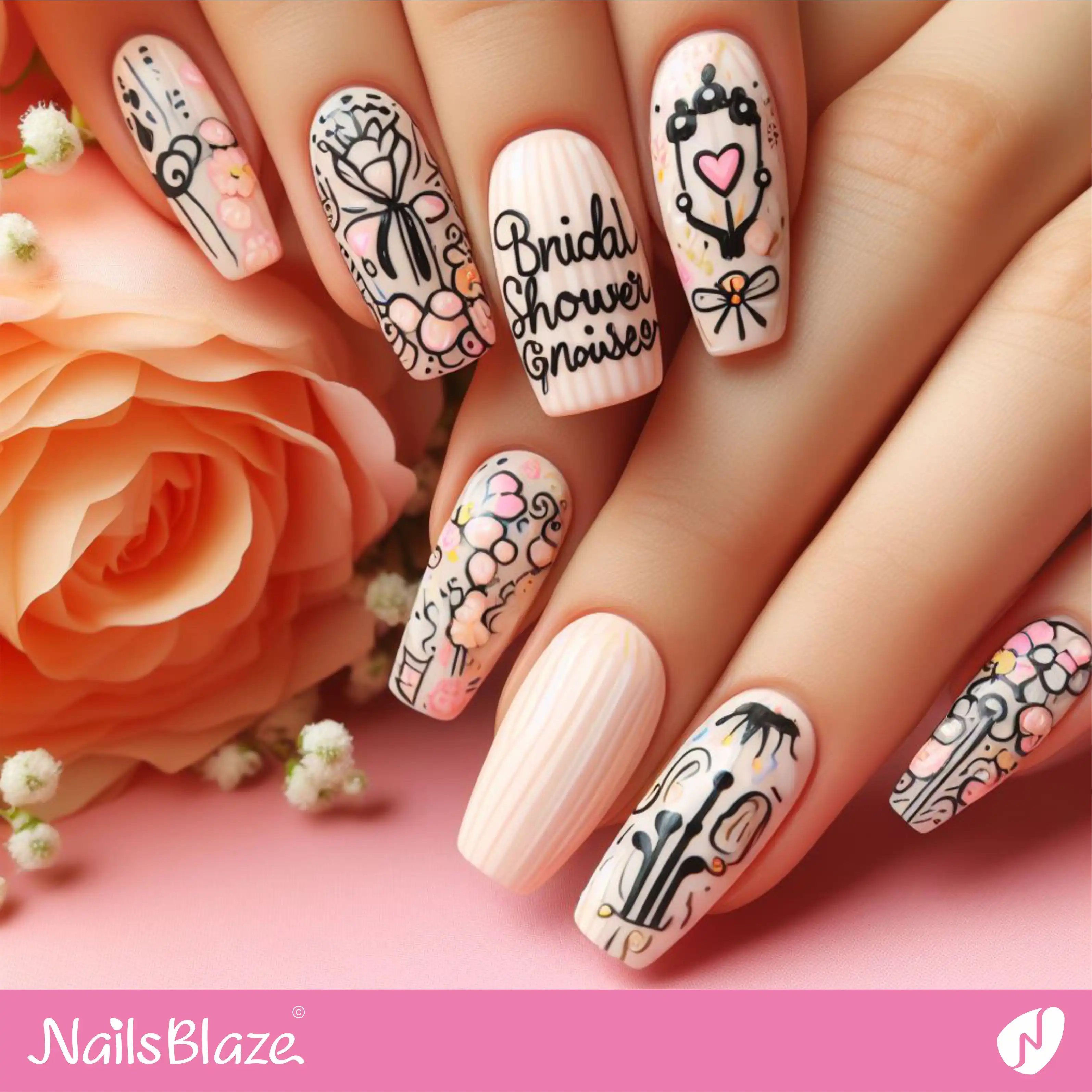 Bridal Shower Stripped Grafiti Nail Design | Wedding-NB-D-95