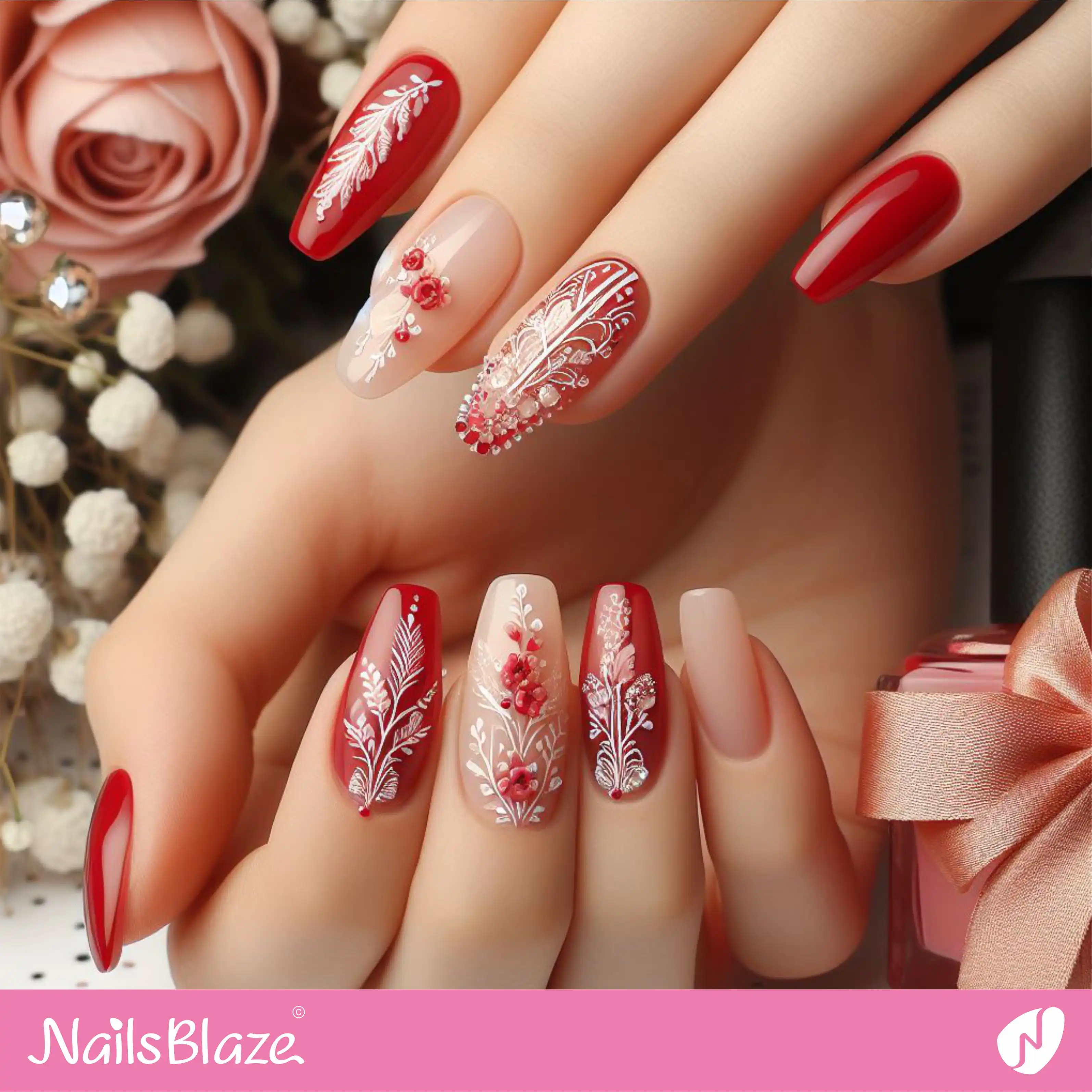 Bridal Shower Red Tulip Nail Design | Wedding-NB-D-99