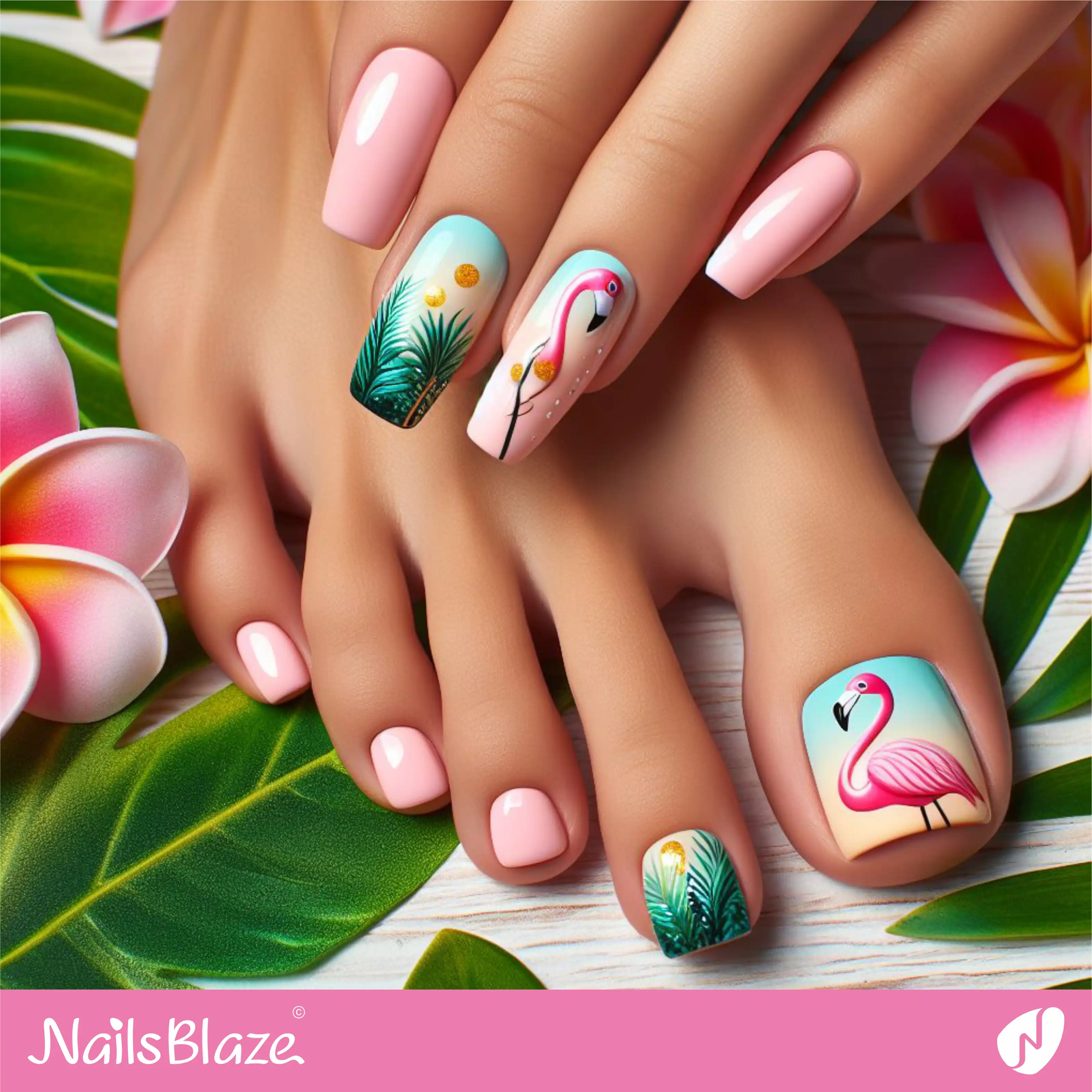 Tropical Flamingo Minimal Toenail Design| Tropical-NB-D-124