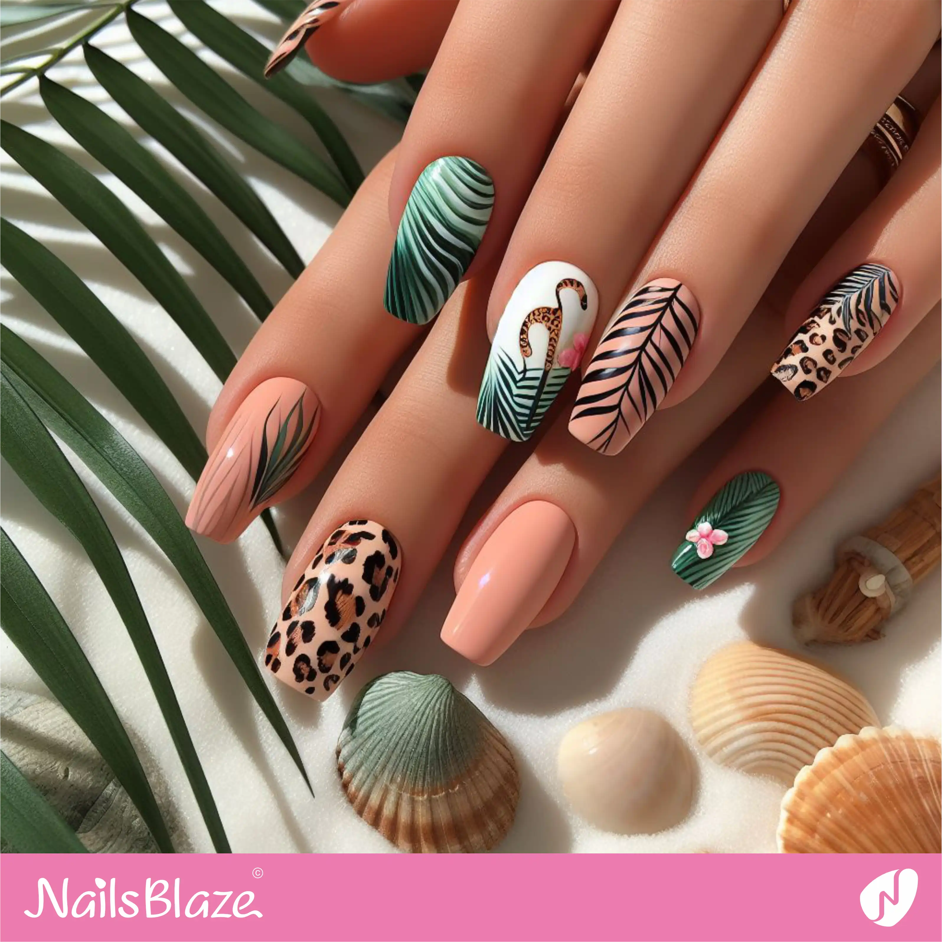 Tropical Leaf & Leopard Nail Design| Tropical-NB-D-222
