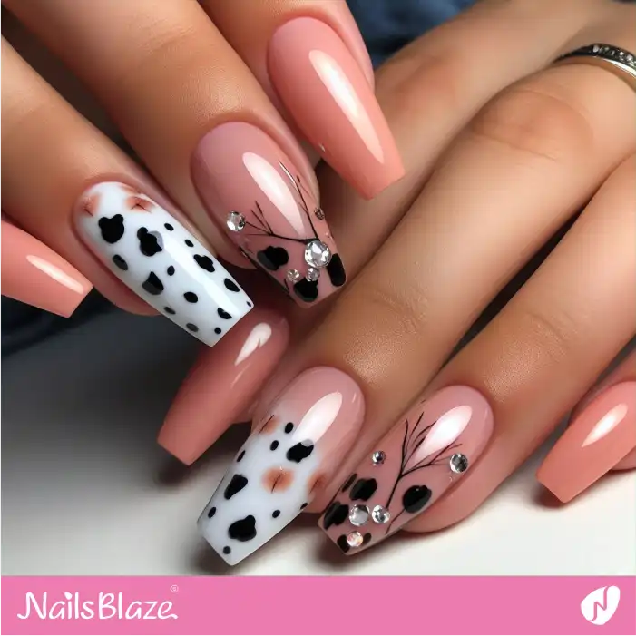 Embellished Peach Fuzz Nails with Dalmatian Print | Animal Print Nails - NB1987
