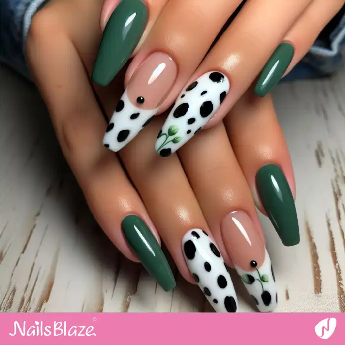 Dark Green Nails with Dalmatian Print French Manicure | Animal Print Nails - NB1991