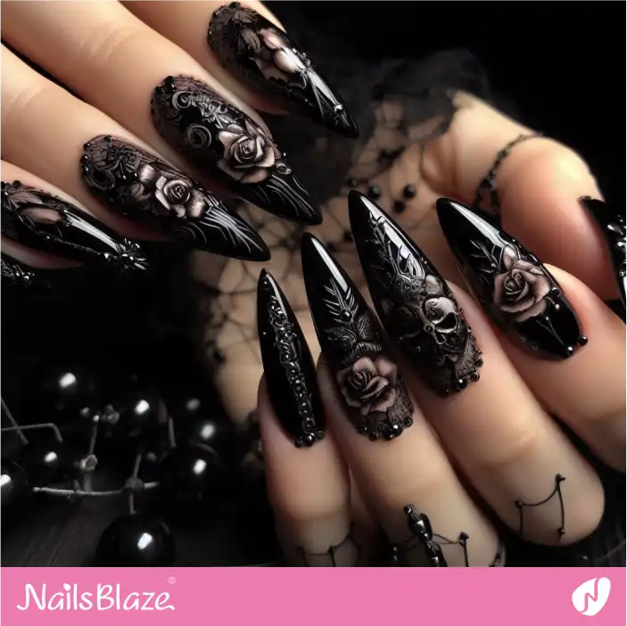 Dark Wedding Stiletto Flower Nail Designs|Wedding-NB-D-295