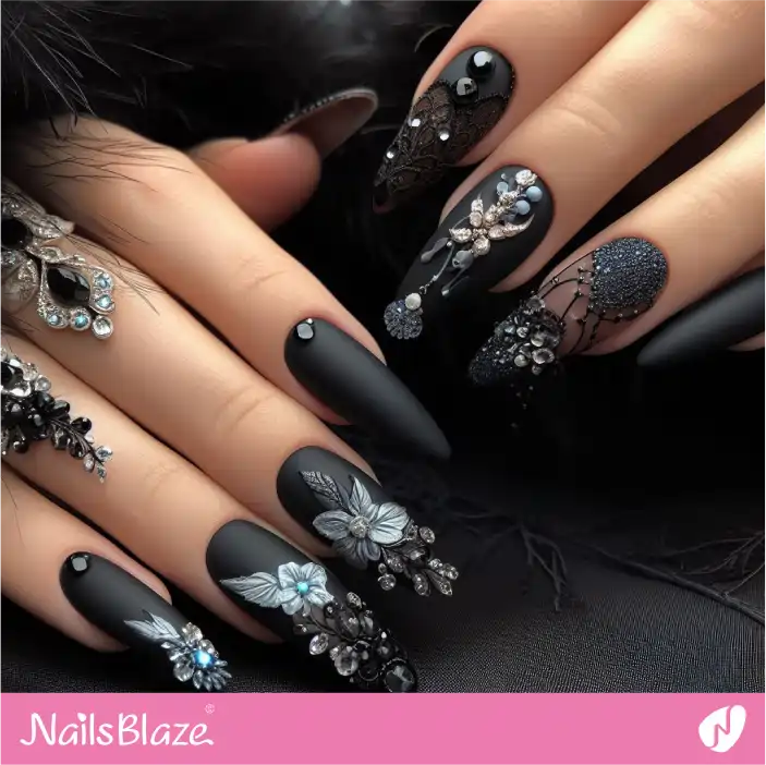 Dark Wedding Embellished Flower Nail Art |Wedding-NB-D-297
