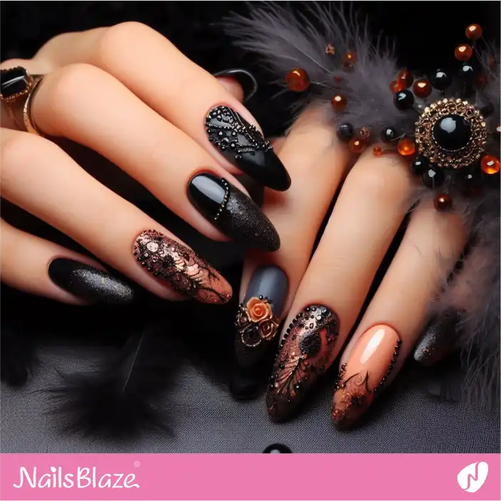 Black and Orange Nail Design for Dark Wedding |Wedding-NB-D-301