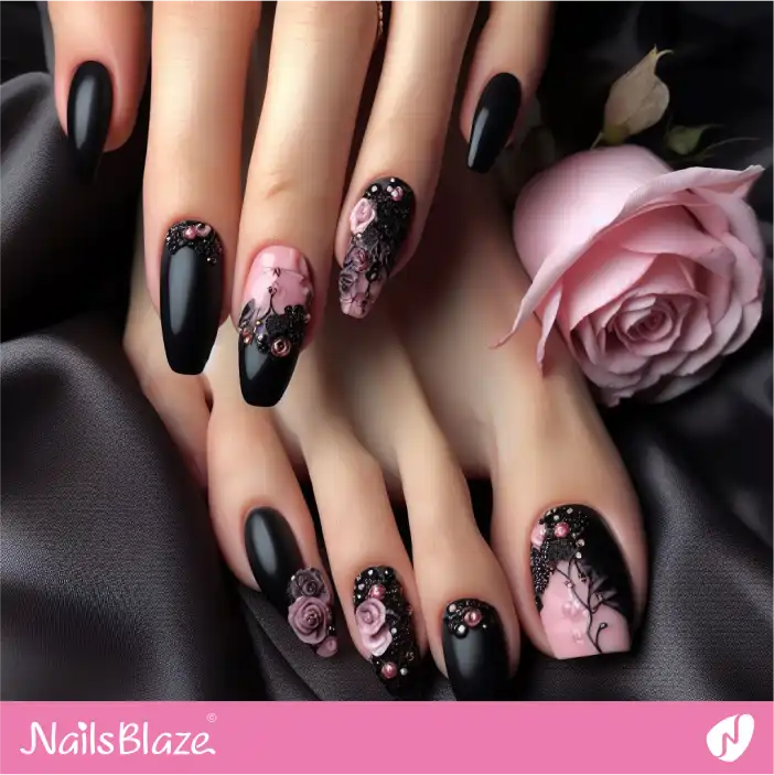 Dark Wedding Black and Pink Toenail Design |Wedding-NB-D-303