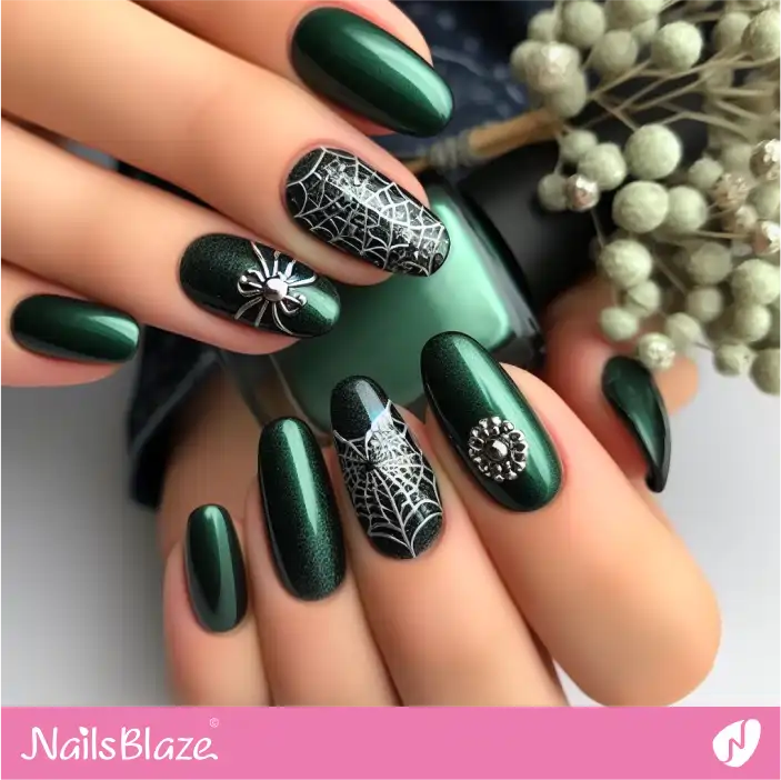 Dark Wedding Glossy Green Nail Design Spider Inspired|Wedding-NB-D-306