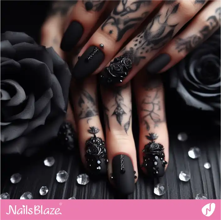 Rhinestone Matte Nail Design for Dark Wedding|Wedding-NB-D-307