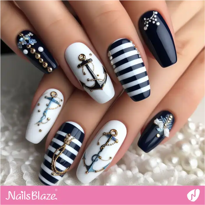 Cruise Wedding Black and White Striped Nail Design|Wedding-NB-D-316