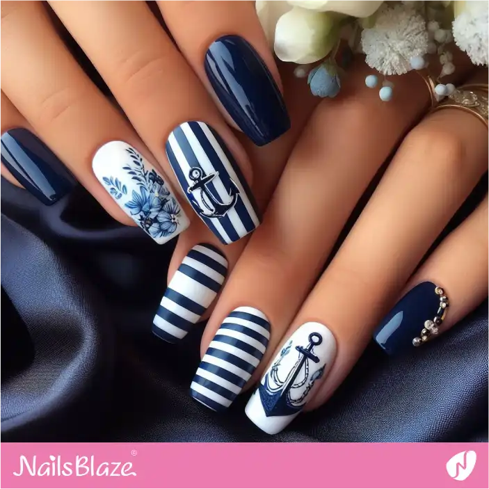 Striped Blue Navy Nail Design for Cruise Wedding  |Wedding-NB-D-320
