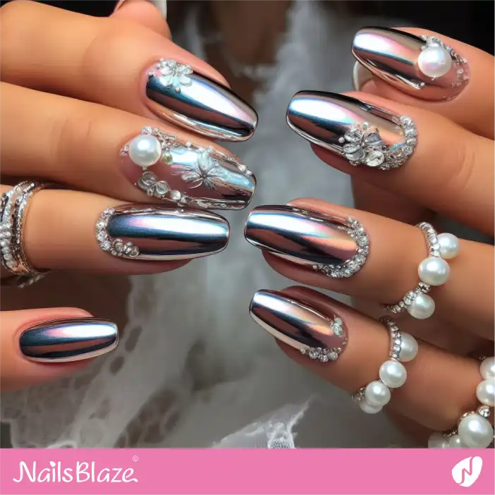 Embellished Silver Chrome Nail Design for Cruise Wedding |Wedding-NB-D-322
