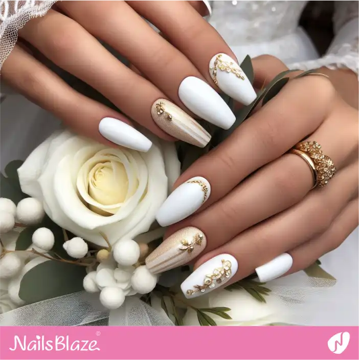 Cruise Wedding White Embellished Leaf Nail Design|Wedding-NB-D-325