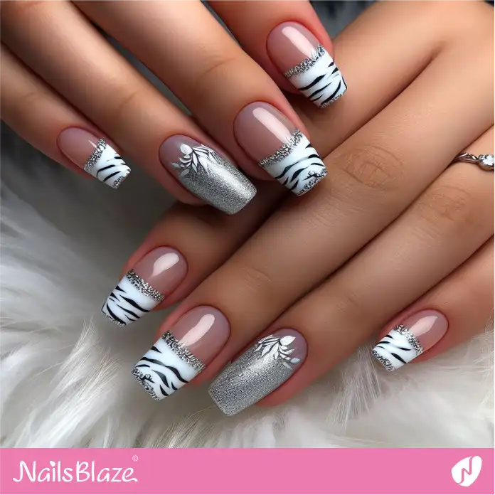 Zebra French Nails Silver Design | Animal Print Nails - NB2490