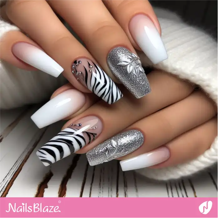 White Ombre Nails with Zebra Print Design | Animal Print Nails - NB2499