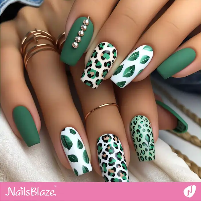 Leaf and Leopard Print Nail Design | Animal Print Nails - NB2602