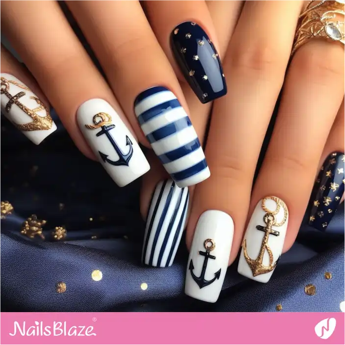 Cruise Wedding Striped and Anchor Nail Design| Wedding-NB-D-351
