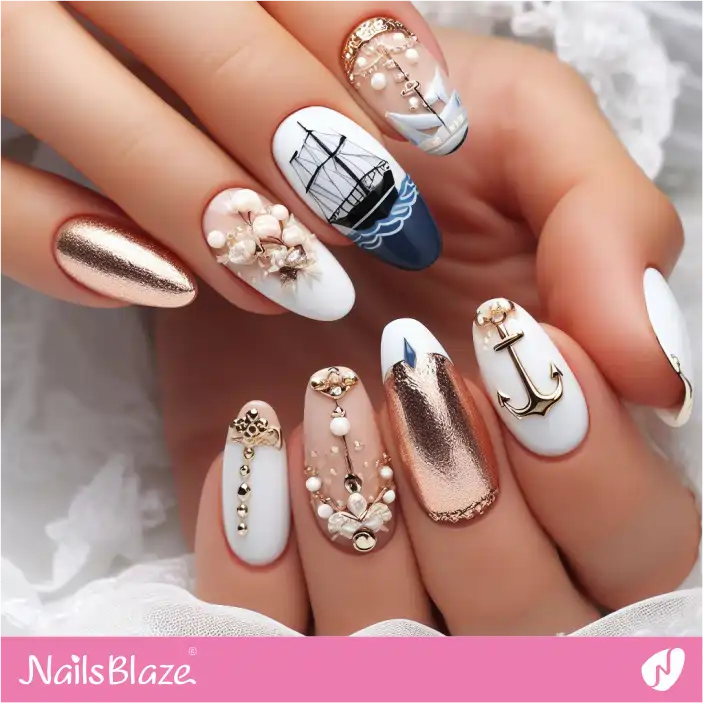 Cruise Wedding Embellished Chrome Nail Art| Wedding-NB-D-356