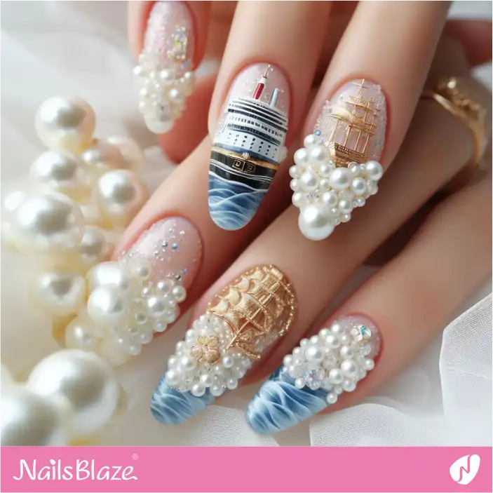 Cruise Wedding Embellished Luxury Pearl Nail Design| Wedding-NB-D-366