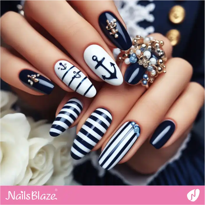 Cruise Wedding Striped Almond Nail Design| Wedding-NB-D-370