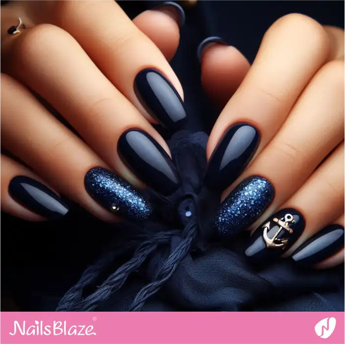 Cruise Wedding Deep Navy Blue Acent Glitter Nail Design| Wedding-NB-D-375