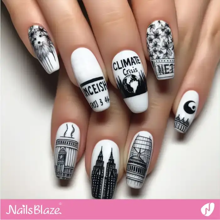 Black and White Climate Crisis Nail Design | Climate Crisis Nails - NB3178