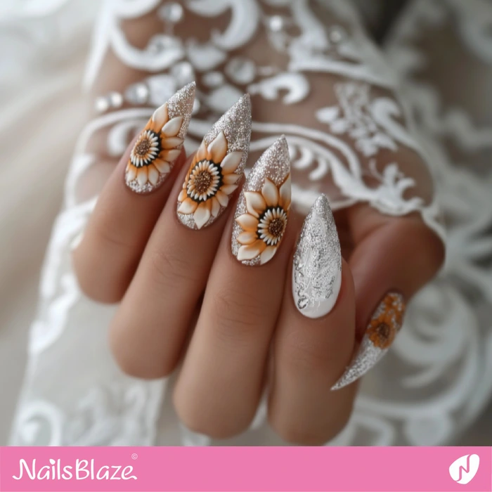 Glitter Wedding Nails with Sunflowers | Sunflower Nails - NB5275