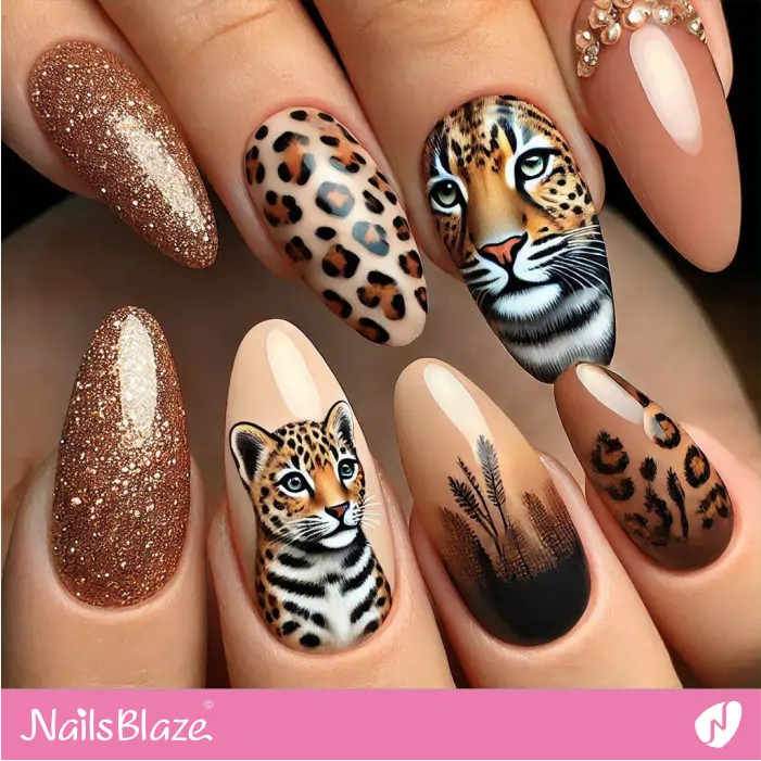 Brown Leopard Nails Glitter Design | Leopard Nails- NB8068