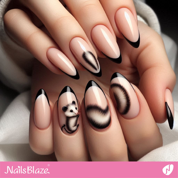 Opossum Design for Black Tip Nails | Mouse Nail Designs- NB8115