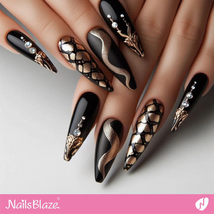 Snake Skin Theme for Black and Gold Nails | Snake Nails- NB8138