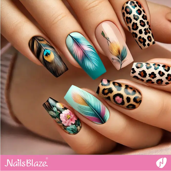 Leopard Print and Feather Nails Design | Leopard Print Nails- NB8087