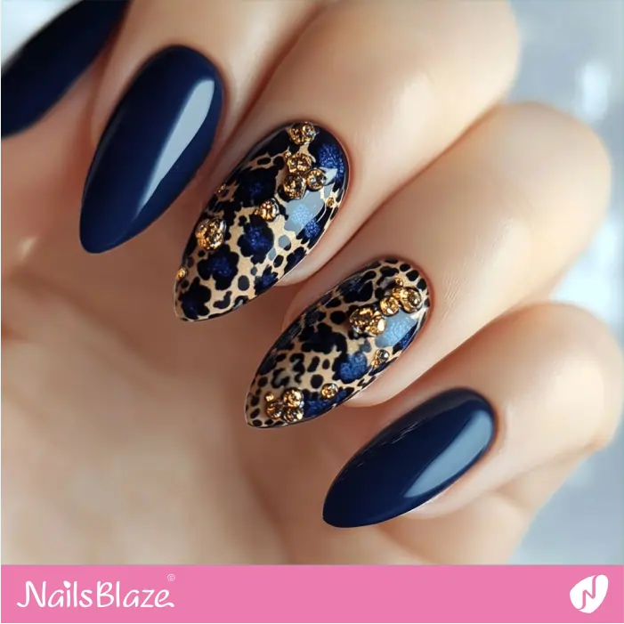 Midnight Blue Nails with Leopard Print Accent | Leopard Print Nails- NB8089