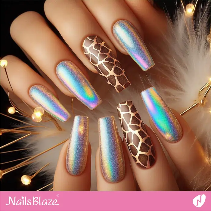 Holographic Nails with Giraffe Print Accent | Animal Print Nails- NB8026
