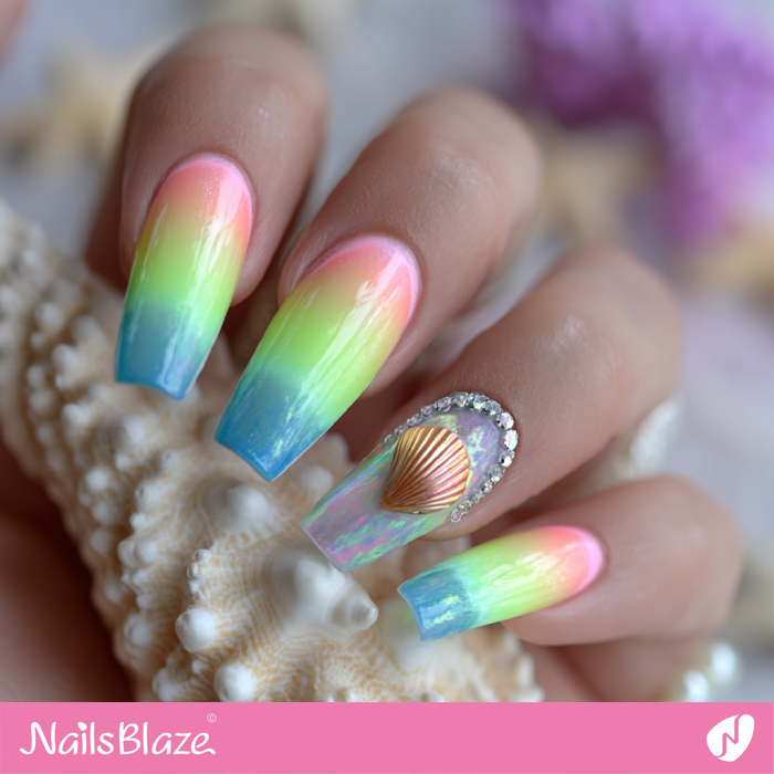 Neon Gradient Nails with Seashell Accent | Seashell Nails- NB8225