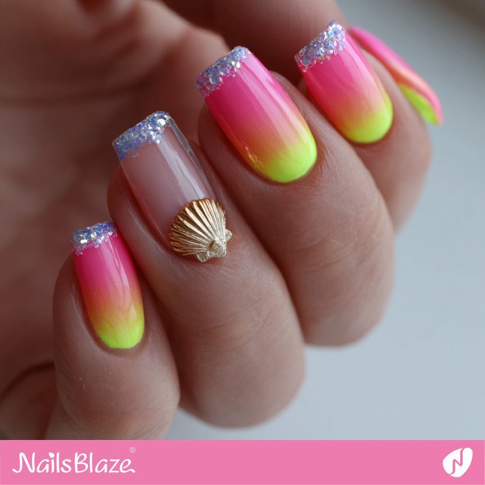 Neon Gradient Nails with Seashell Accent | Seashell Nails- NB8220