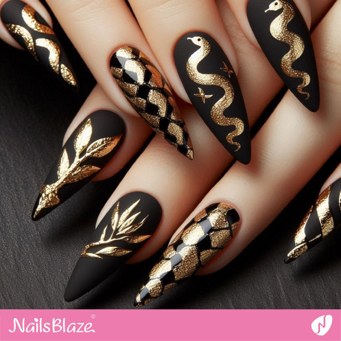Snake Design for Black and Gold Nails | Snake Nails- NB8128
