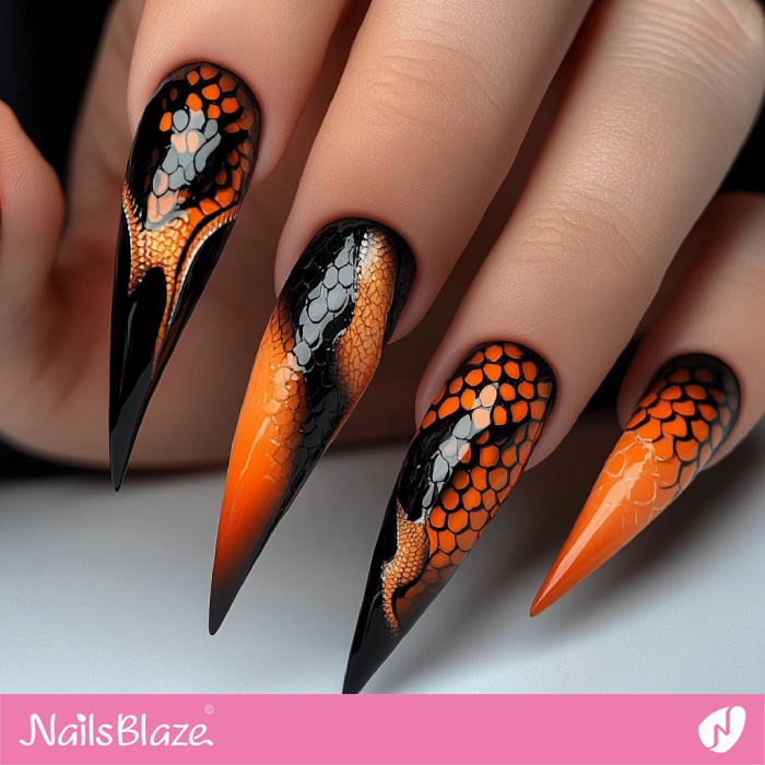Snake Pattern Theme Nails in Black and Orange | Snake Nails- NB8135