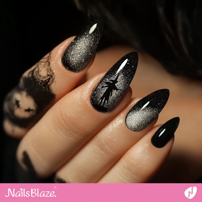 Black Witch Nails Glitter Design | Halloween Witch Nails - NB5920